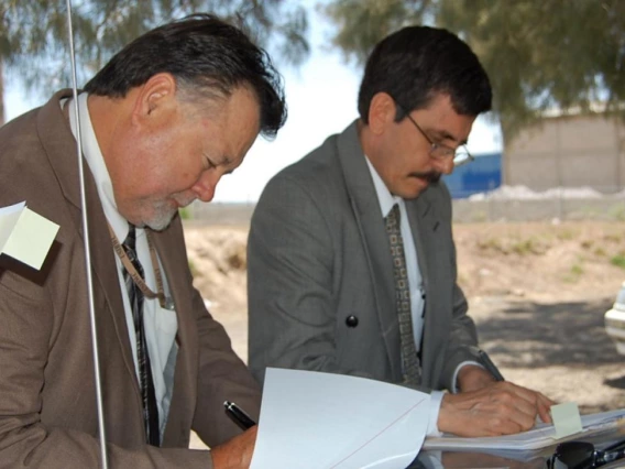 Signing Ceremony at Boundary Monument #1 in El Paso/Juarez. Principal Engineers John Merino and Luis Antonio Rascón Mendoza. August 19, 2009