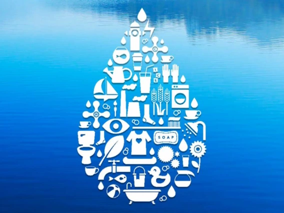 graphic of water droplet comprised of symbols of daily activities