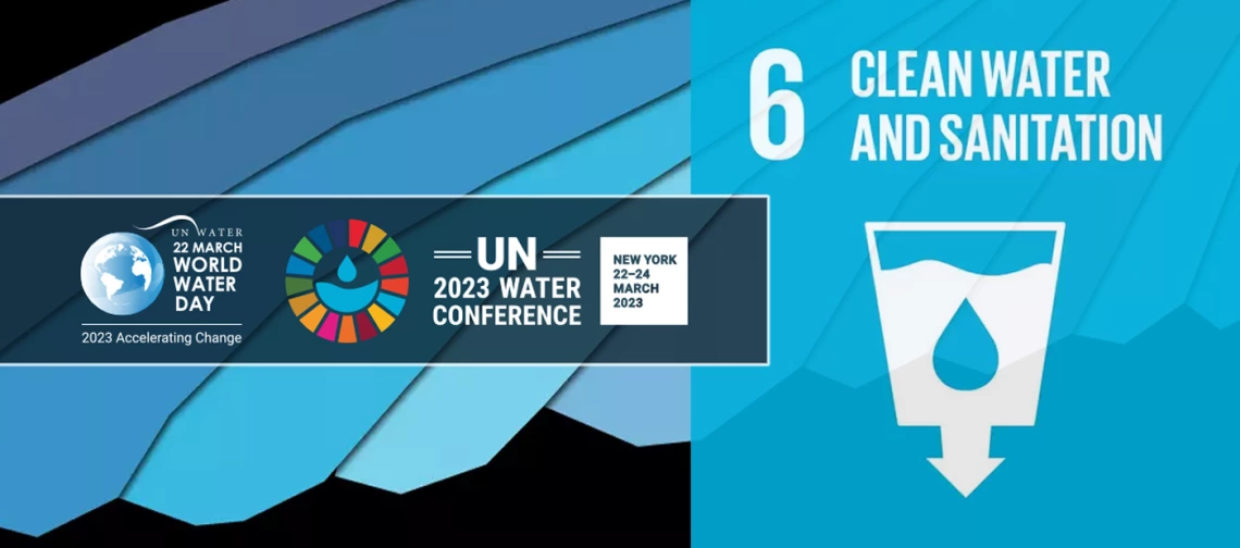 UN World Water Day Graphic show a clean water and sanitation logo and a background using the hummingbird theme from 2023