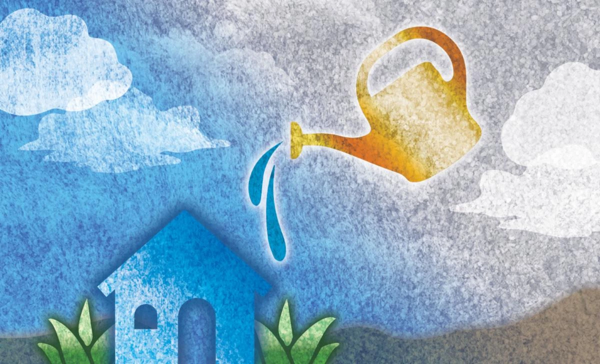 A graphic of a watering can sprinkling water onto a small blue house