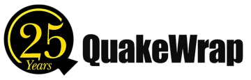 QuakeWrap wordmark in black with 25 year anniversary icon to the left of it