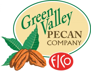 green valley pecan company logo - featured an illustration of two pecans with leaves behind them. Logo is a green and off-yellow oval